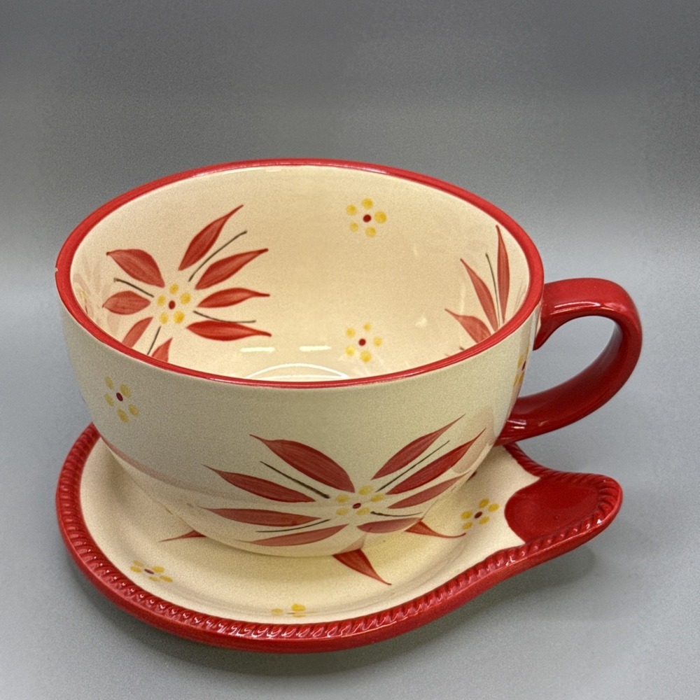 Temptations By Tara Old World Bowl & Saucer Set- Red Floral Rope Edge Detail